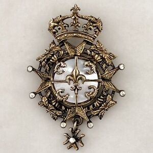 Nettie Rosenstein WWII Sterling Vermeil Mother Of Pearl French Heraldic Brooch